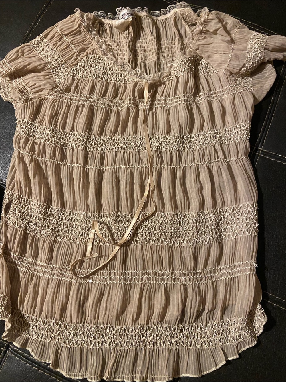 Smocked Taupe Peasant Blouse with Tie Neck